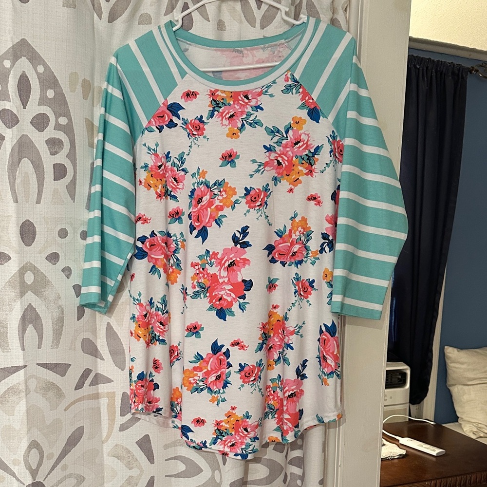 Floral and Striped Raglan Sleeve Top